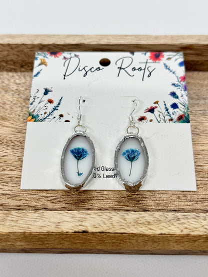 057 - Handmade White Stained Glass Pressed Flower Earrings – Nickel Free