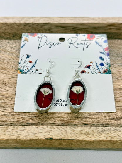 Handmade Red Stained Glass Pressed Flower Earrings – Nickel Free
