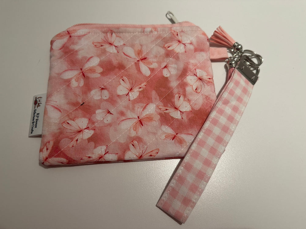 08 - Quilted Keychain Wristlet | Butterfly with Pink Gingham Zipper