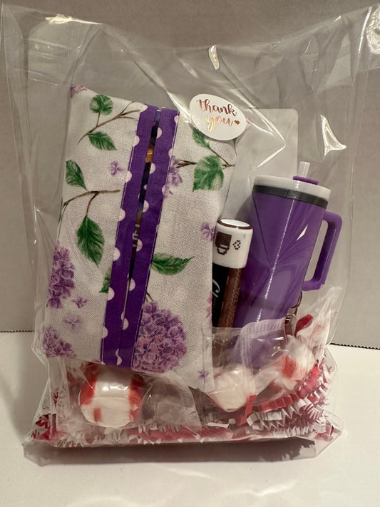 08 - Winter Care Gift Set | Chapstick, Tissue Cover, Keychain | Purple Hydrangea with Polka Dot Binding