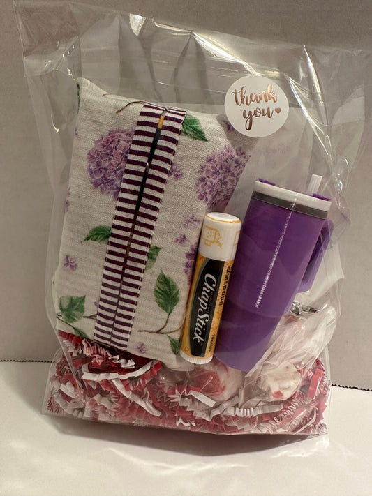 08 - Winter Care Gift Set | Chapstick, Tissue Cover, Keychain | Purple Hydrangea w/ Striped Binding