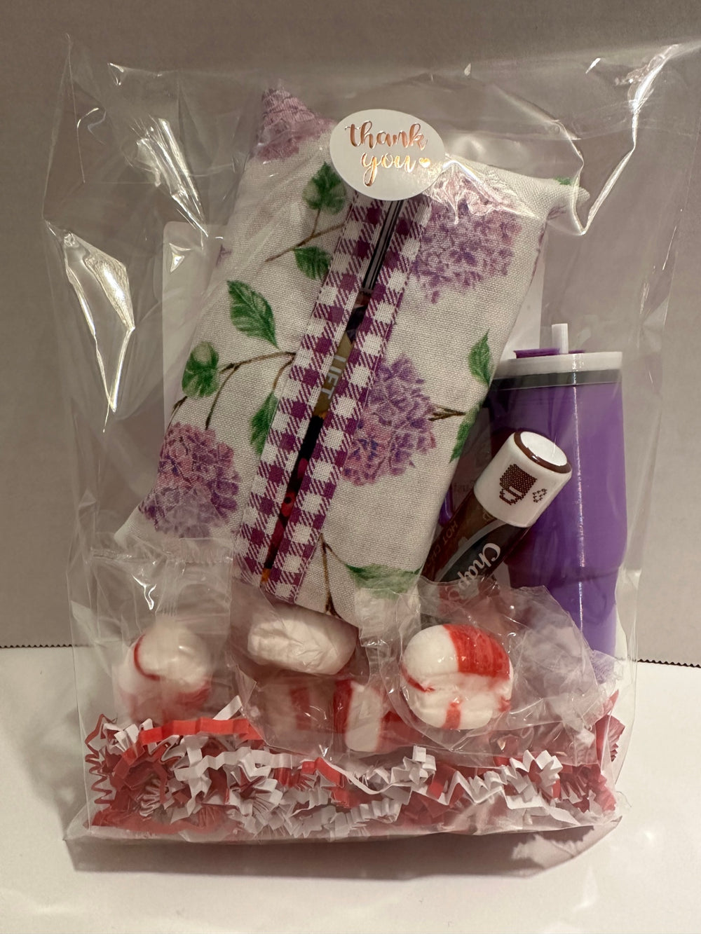 08 -  Care Gift Set | Chapstick, Tissue Cover, Keychain | Purple Hydrangea with Gingham Binding