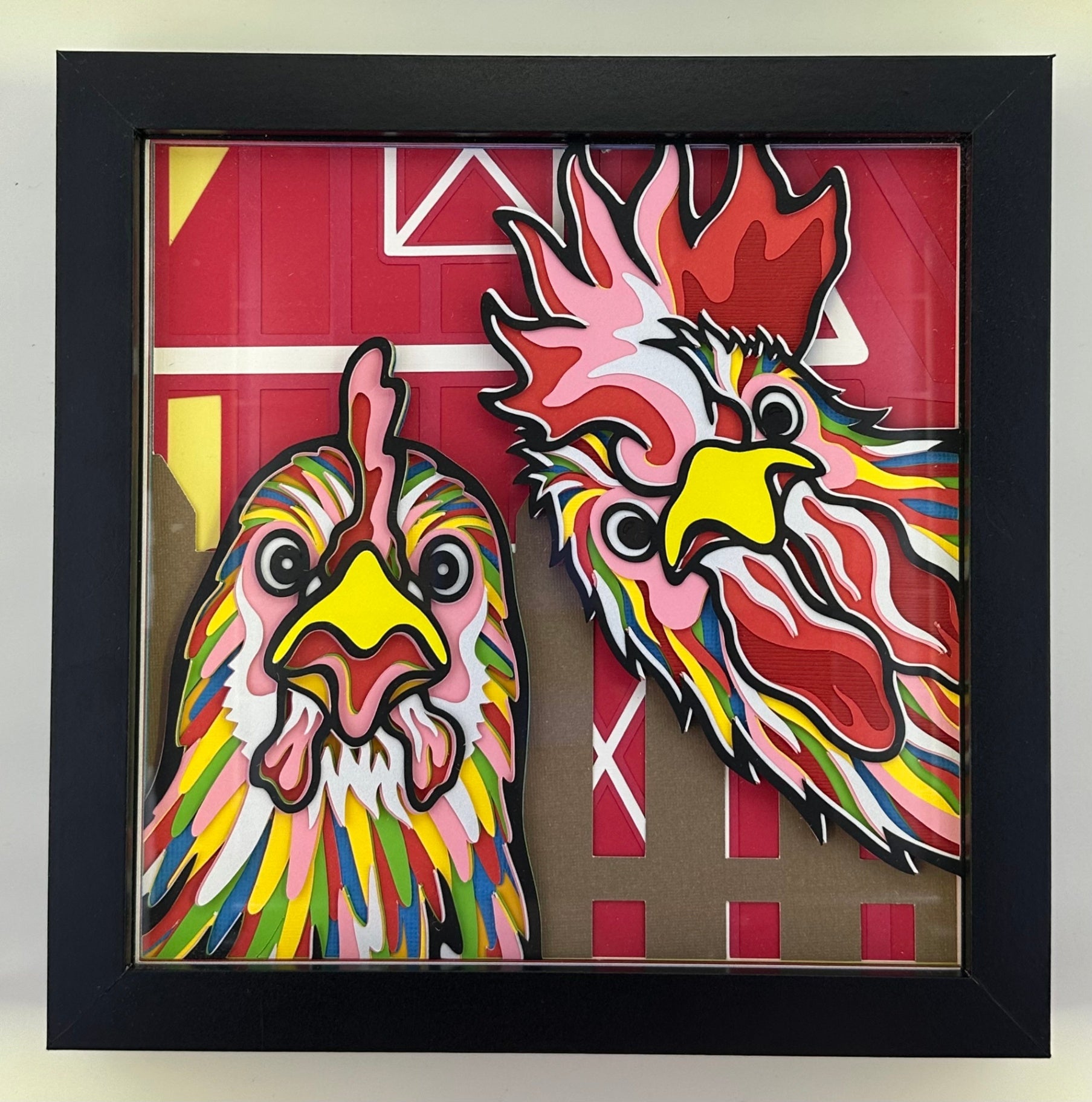013 - Multicolor Rooster and Hen Shadowbox