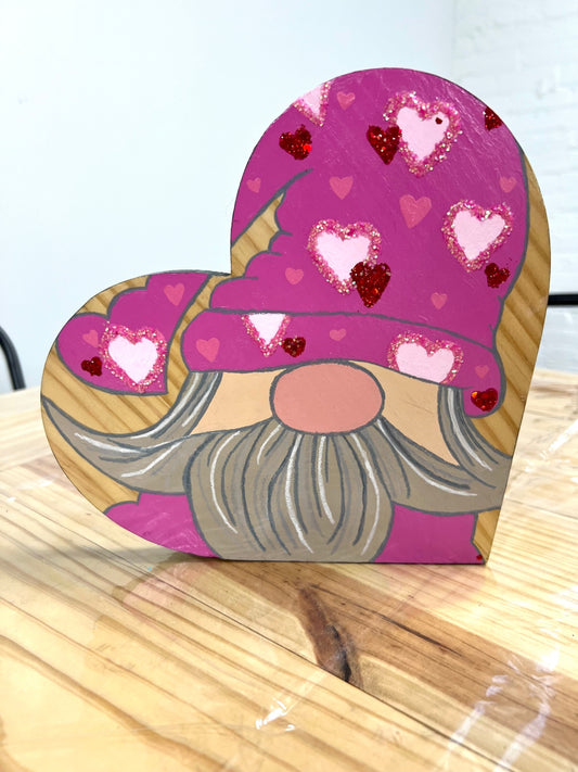 Hand-painted Valentine Gnome Wooden Heart Shelf Sitter