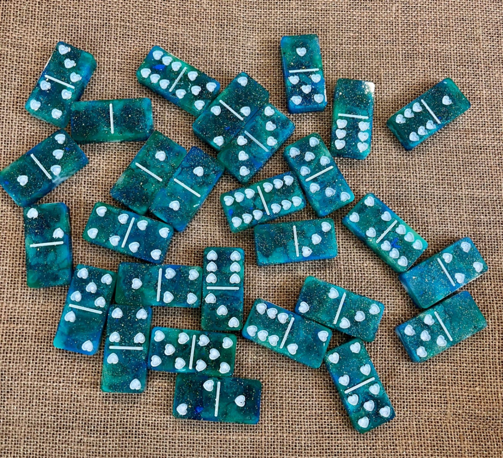 017 - Galaxy Splash Blue & Green Sparkle Resin Domino Tile Set