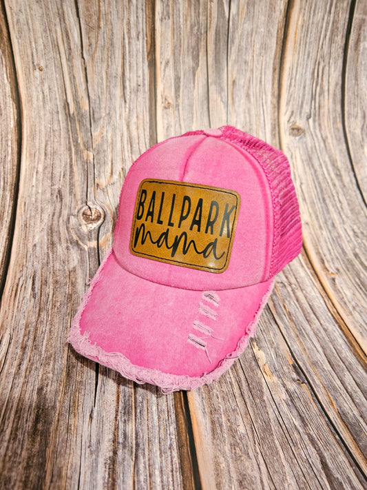 016 - Pink "Ballpark Mama" Distressed Ball Cap Hat 