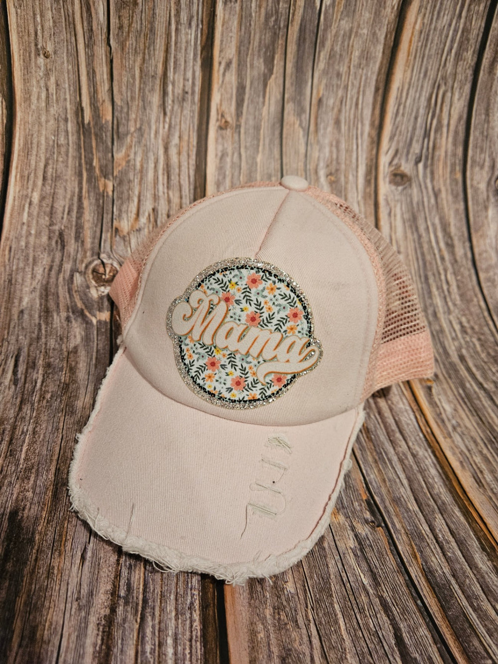 016 - Cream and Pink Floral "Mama" Distressed Ball Cap Hat