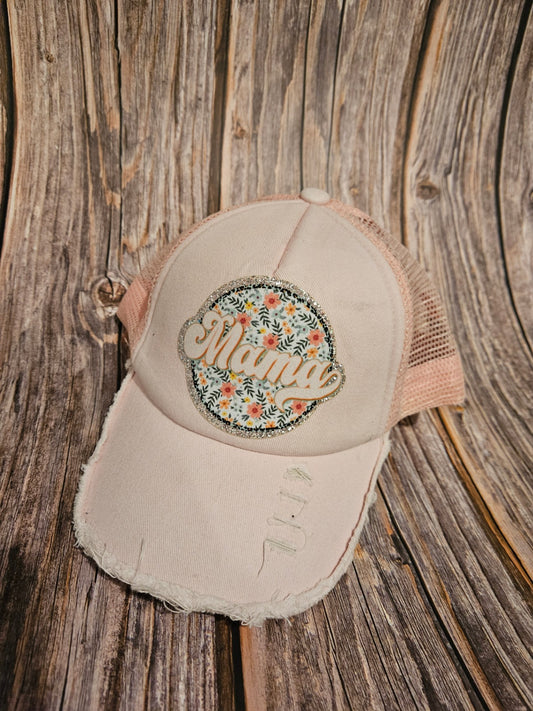 016 - Cream and Pink Floral "Mama" Distressed Ball Cap Hat 