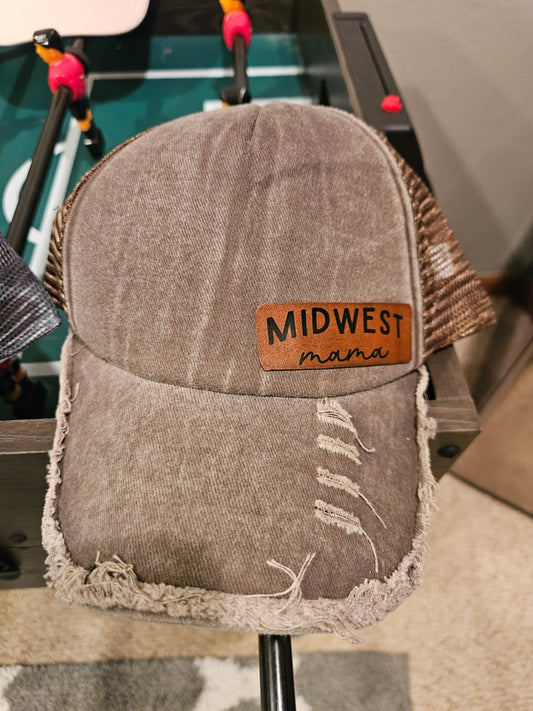 016 - Gray "Midwest Mama" Distressed Ball Cap Hat 