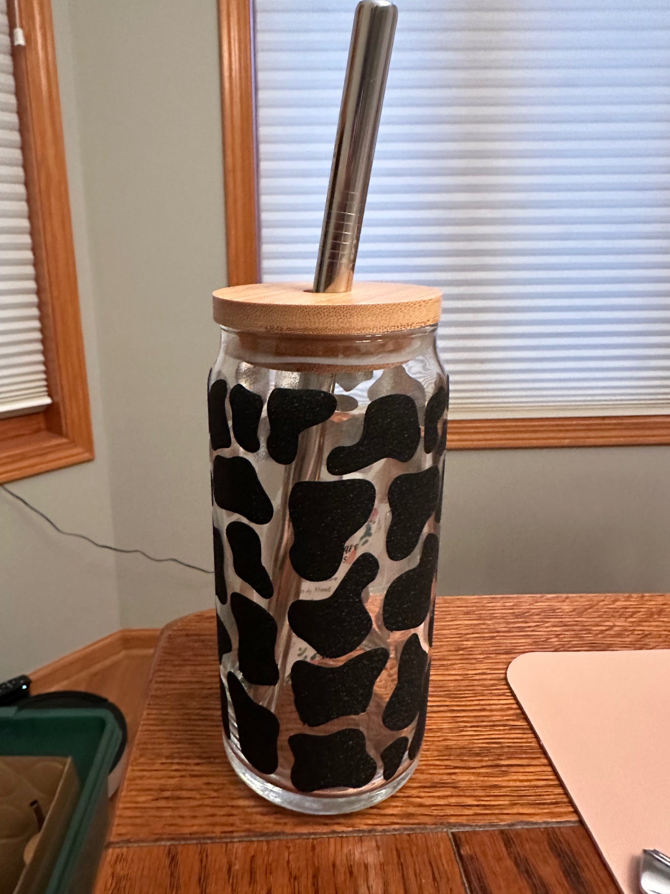 059 - Cow Print Glass Cup with Straw