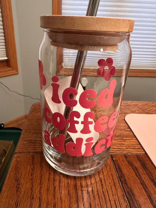 059 - Iced Coffee Addict Glass Cup with Straw