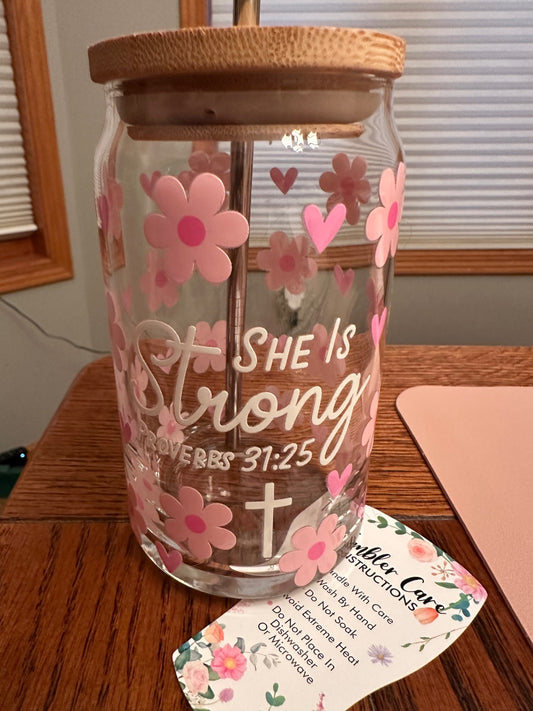 059 - "She is Strong Proverbs 31:25" Scripture Glass Cup with Straw