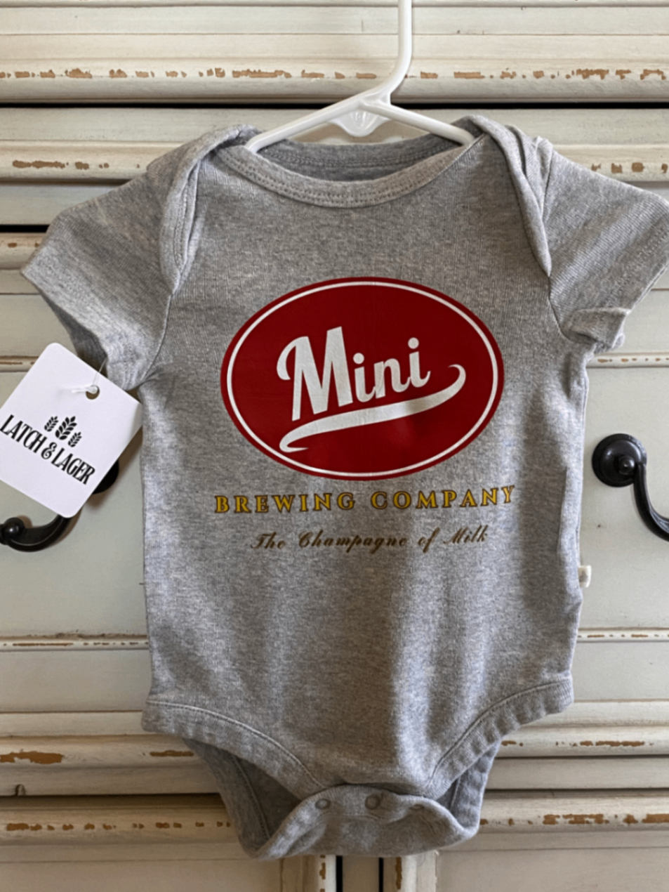 061 - "Mini Brewing Company – Champagne of Milk" Infant Body Suit | 3-6 Months | Gray