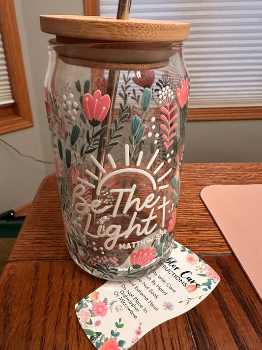 059 - "Be The Light Matthew 5:14" Scripture Glass Cup with Straw