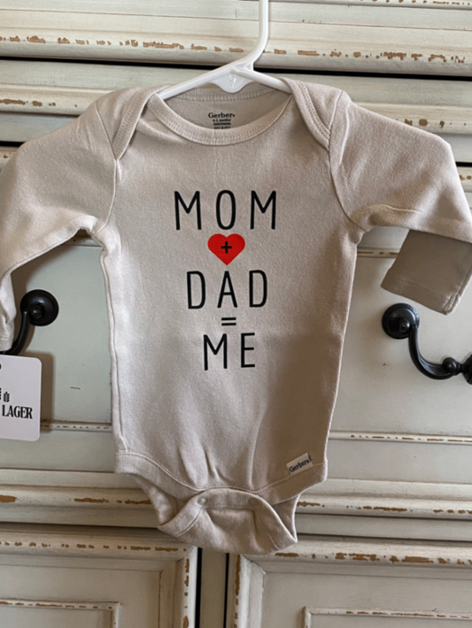 061 - "Mom + Dad = Me" Long Sleeve Beige Infant Body Suit | 0-3 Months | Beige