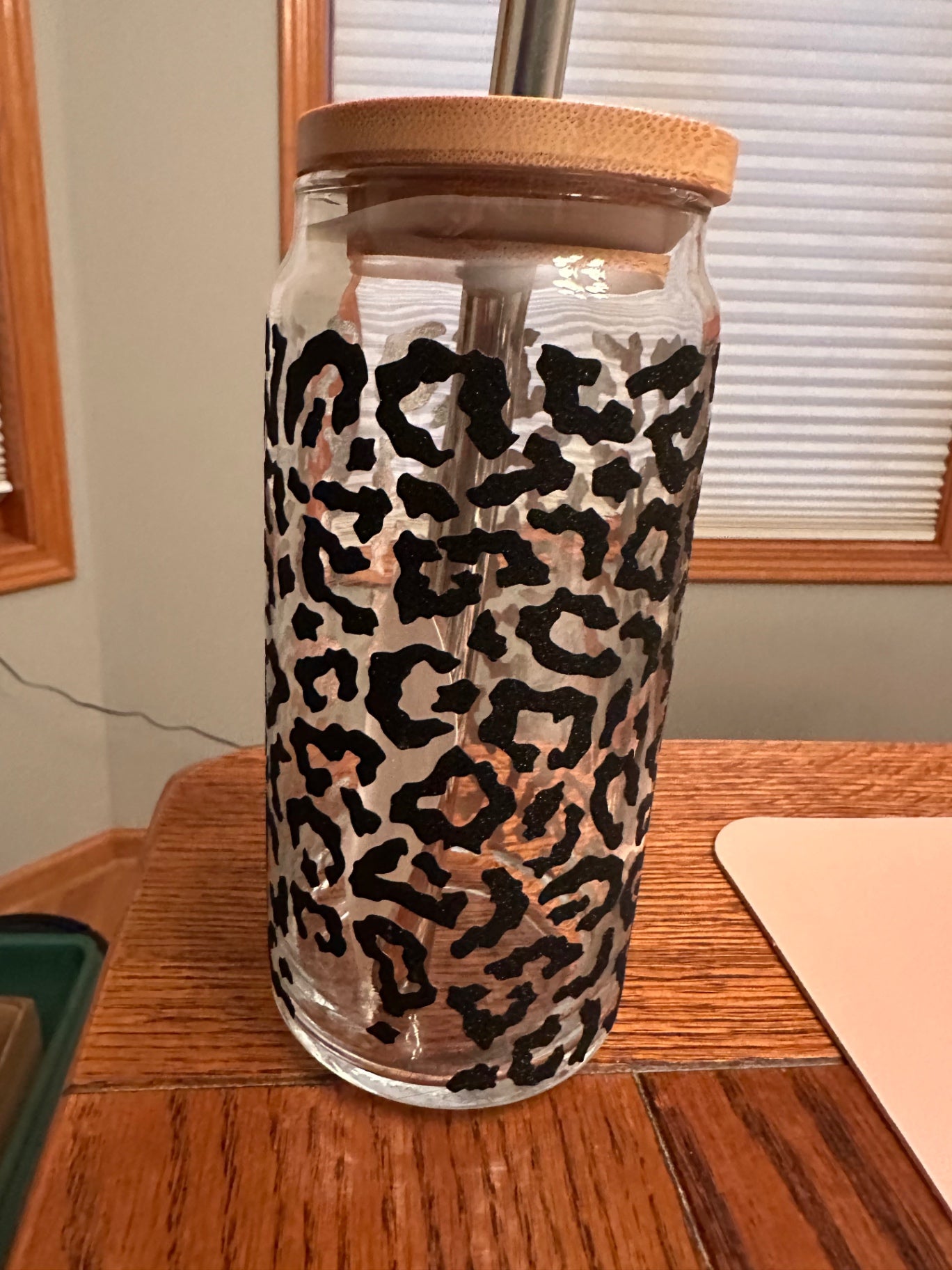 059 - Leopard Print Glass Cup with Straw