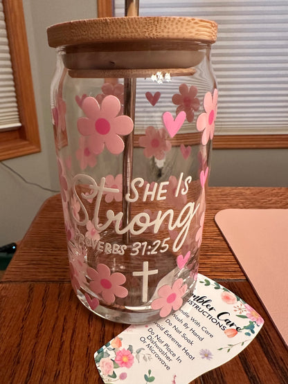 059 - "She is Strong Proverbs 31:25" Scripture Glass Cup with Straw