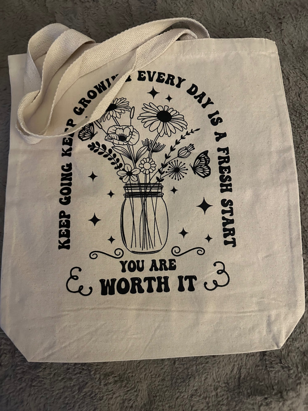 059 - "Keep Growing, You Are Worth It" Floral Canvas Tote Bag