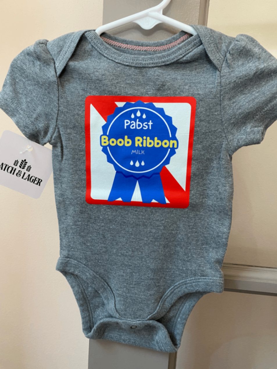 061 - "Pabst Boob Ribbon" Infant Girls Bodysuit | 6-9 Months | Gray