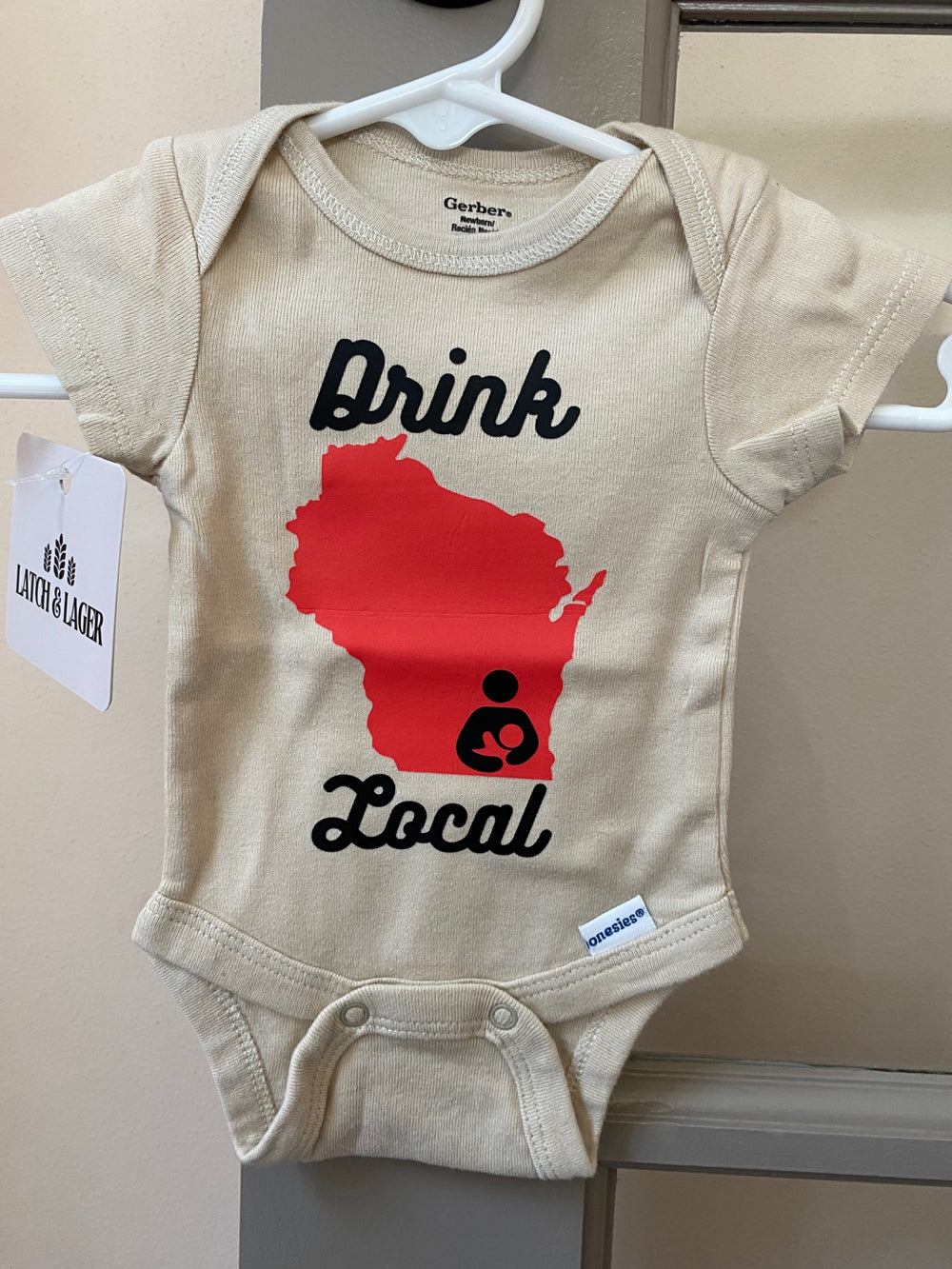 061 - "Drink Local" Wisconsin Infant Body Suit | Newborn | Tan