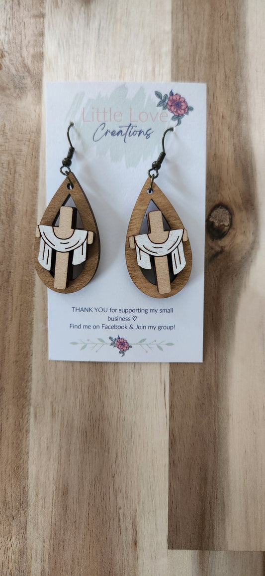 011 - Wooden Easter Cross Dangle Earrings
