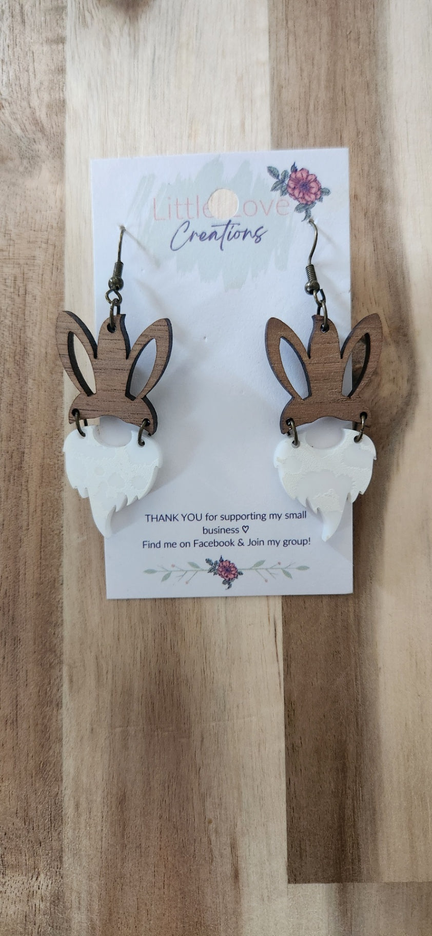 011 - Wooden and Acrylic Bunny Gnome Dangle Earrings