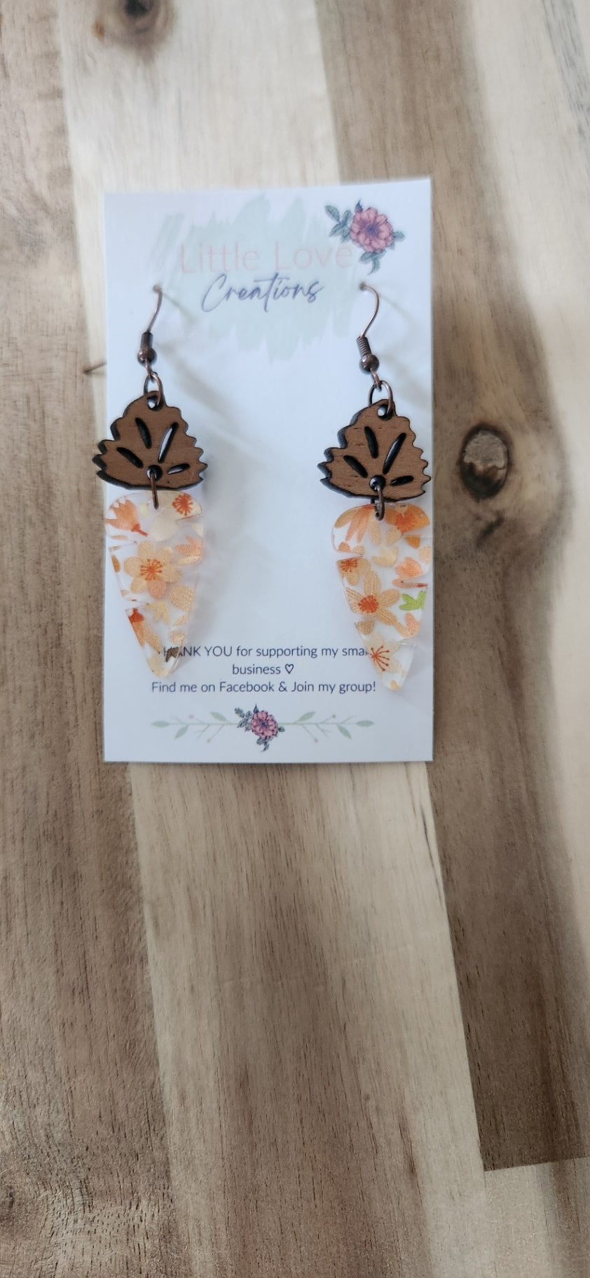 011 - Floral Acrylic Carrot Dangle Earrings with Wooden Accent