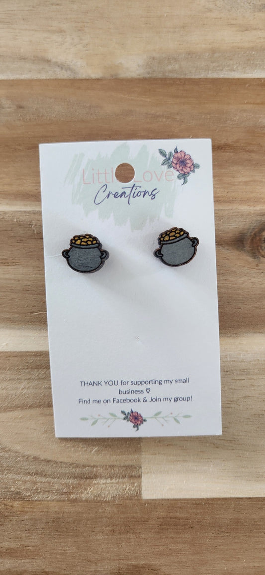 011 - Hand-painted Pot of Gold Wooden Stud Earrings 