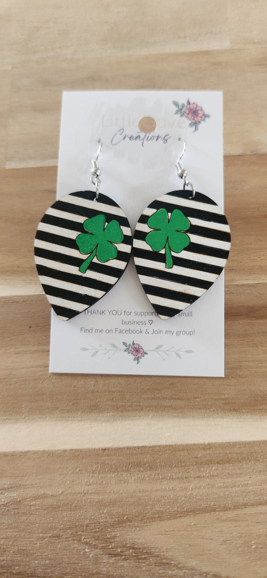 011 - Stripped St.Patricks Day Dark Green Wooden Dangle Earrings