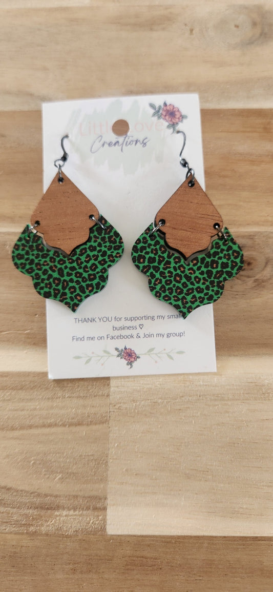 011 - Hand-painted Cheetah Print St. Patricks Day Wooden Dangle Earrings 