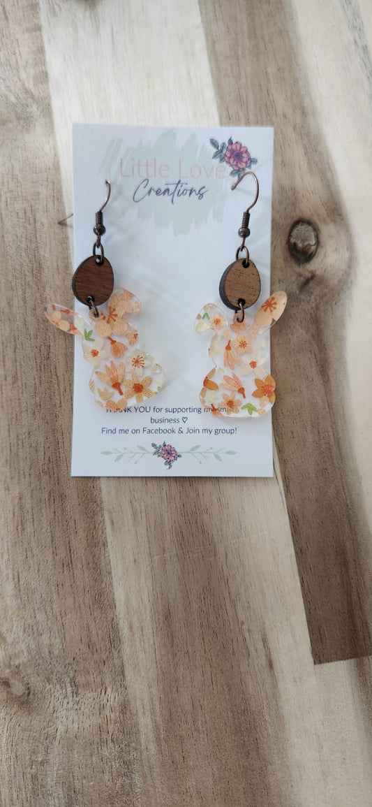 011 - Floral Acrylic and Wooden Egg Bunny Dangle Earrings 