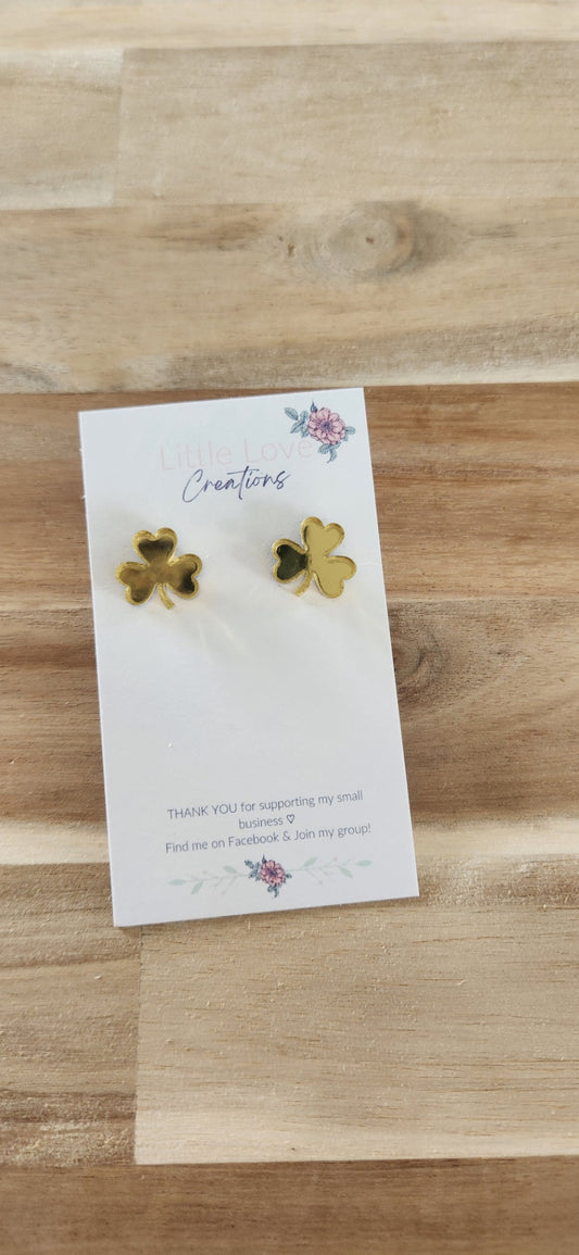 011 - Gold Acrylic Mirror Shamrock Stud Earrings 