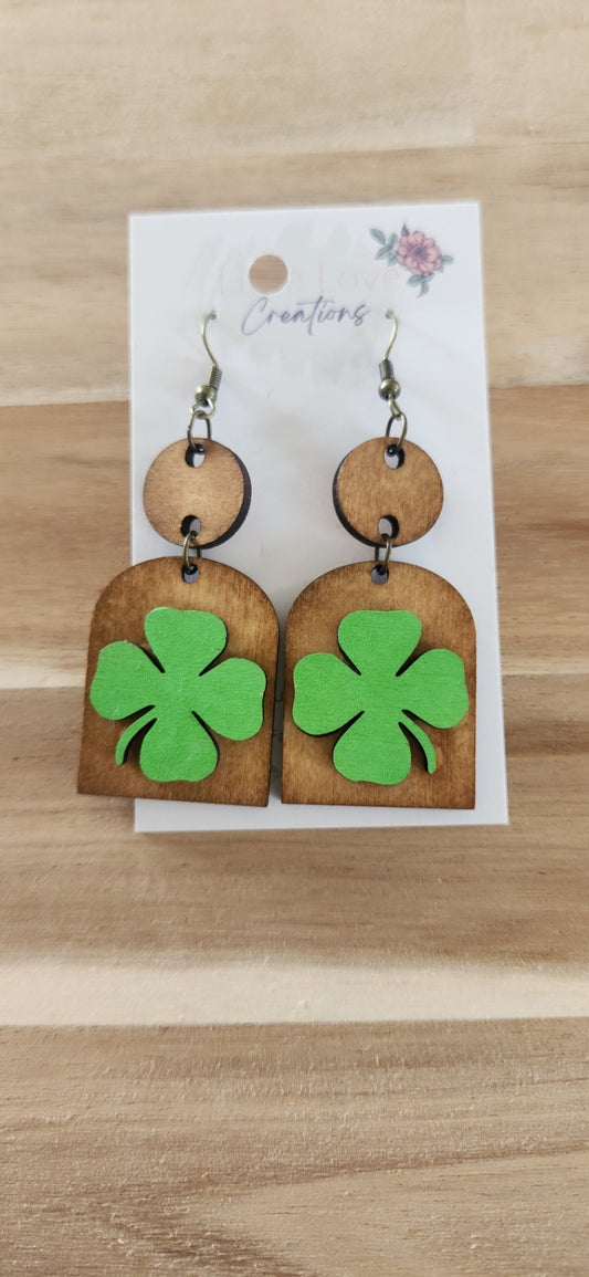 011 - Light Green Clover Wooden Dangle Earrings