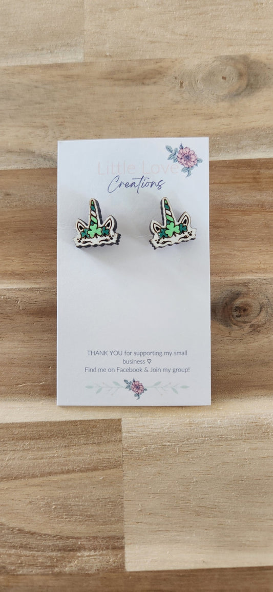011 - St. Patricks Day Unicorn Wooden Stud Earrings