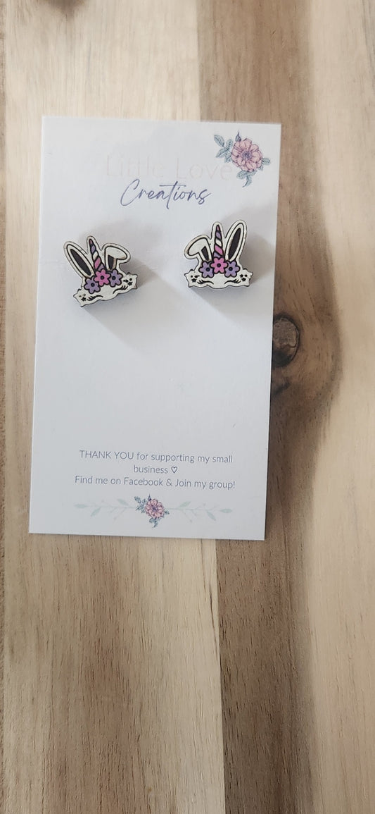 011 - Unicorn Bunny Wooden Stud Earrings 