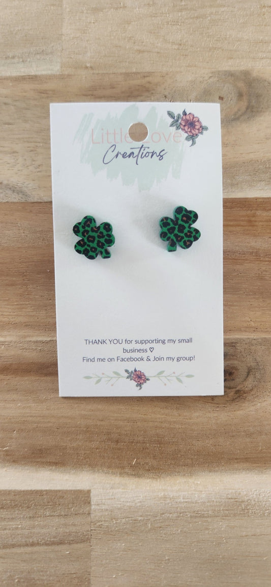 011 - Cheetah Print Shamrock Acrylic Stud Earrings 