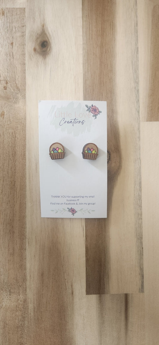 011 - Hand-Painted Wooden Easter Basket Stud Earrings