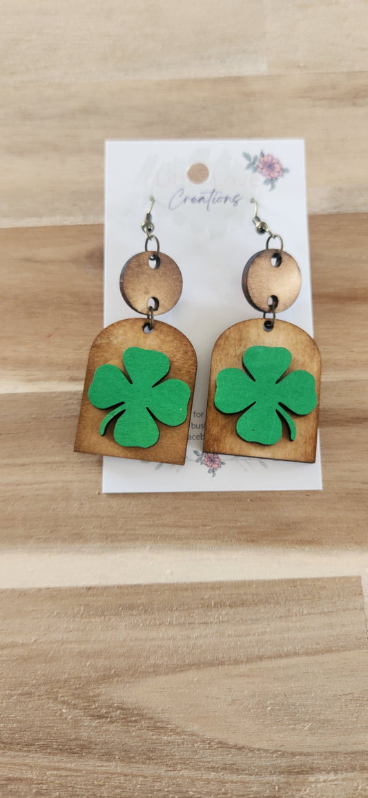 011 - Dark Green Clover Wooden Dangle Earrings