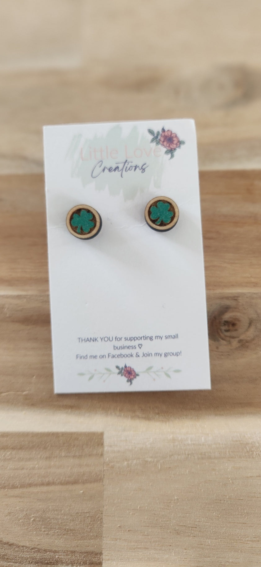 011 - Dark Green Shamrock Wooden Stud Earrings 
