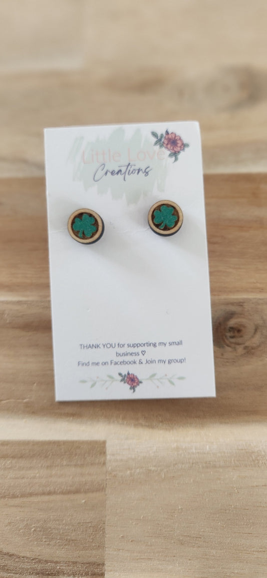 011 - Dark Green Shamrock Wooden Stud Earrings 