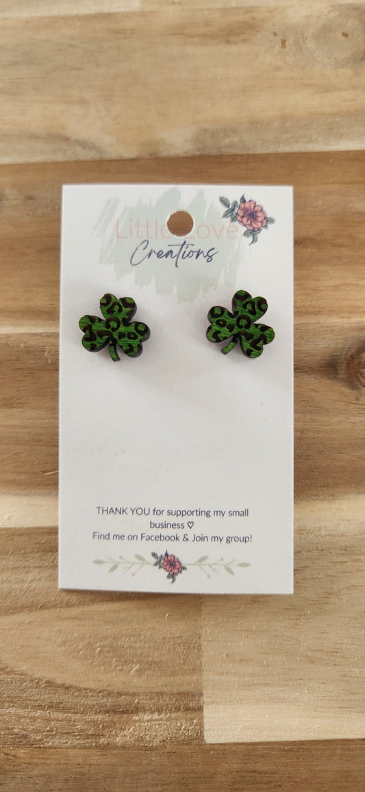011 - Hand-painted Cheetah Shamrock Wooden Stud Earrings 