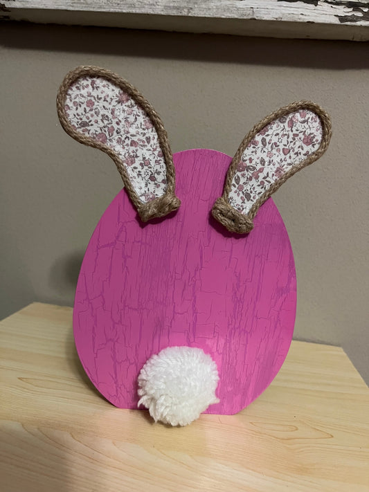 060 - Hand-painted Decorative Wooden Pink Bunny Behind Egg