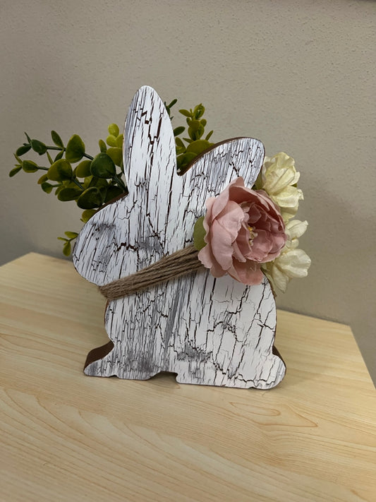 060 - Hand-painted Distressed White Bunny with Floral Accents