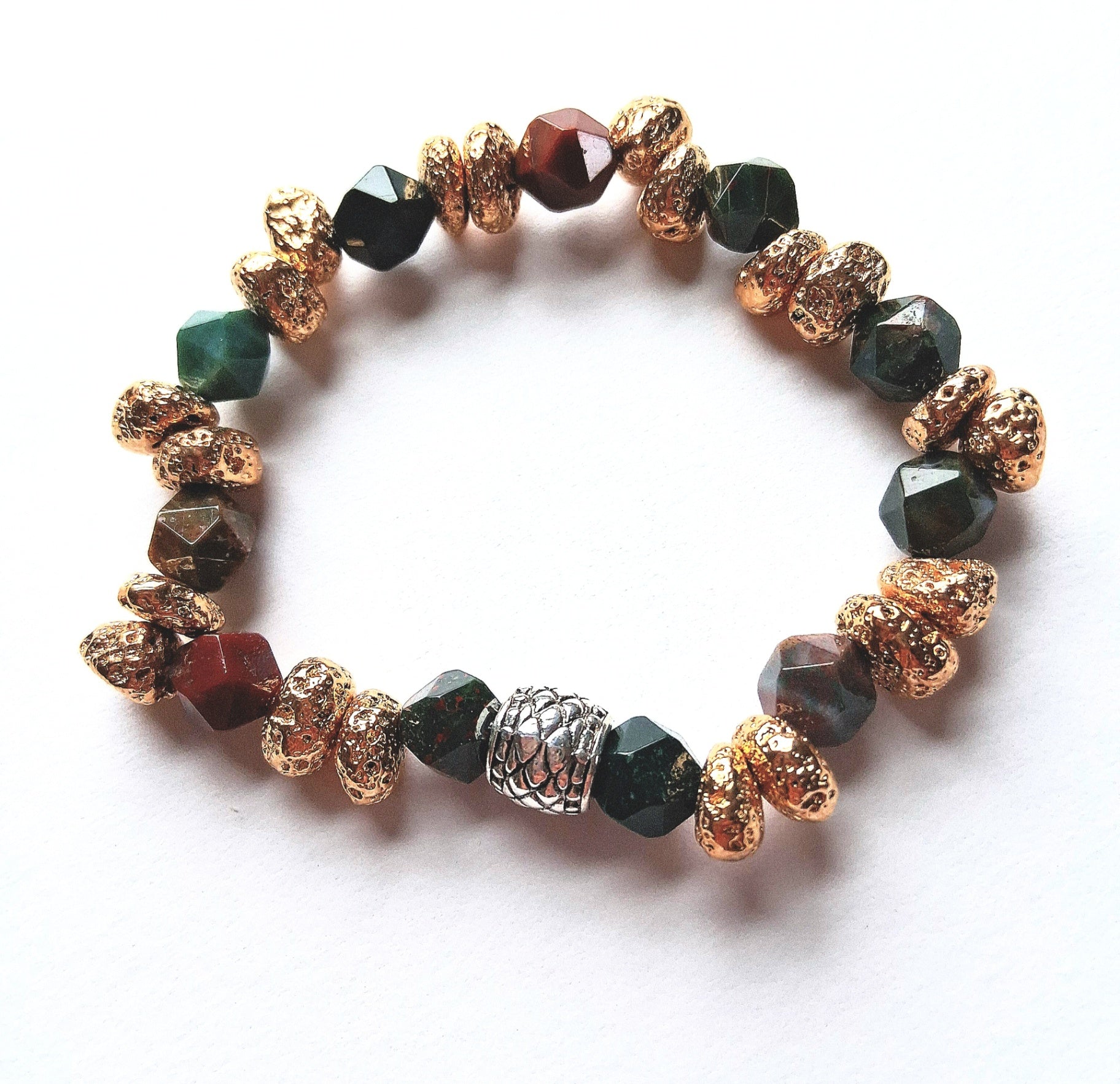 048 - Geometric Bloodstone and Lava Rock Gold Nugget Bracelet 