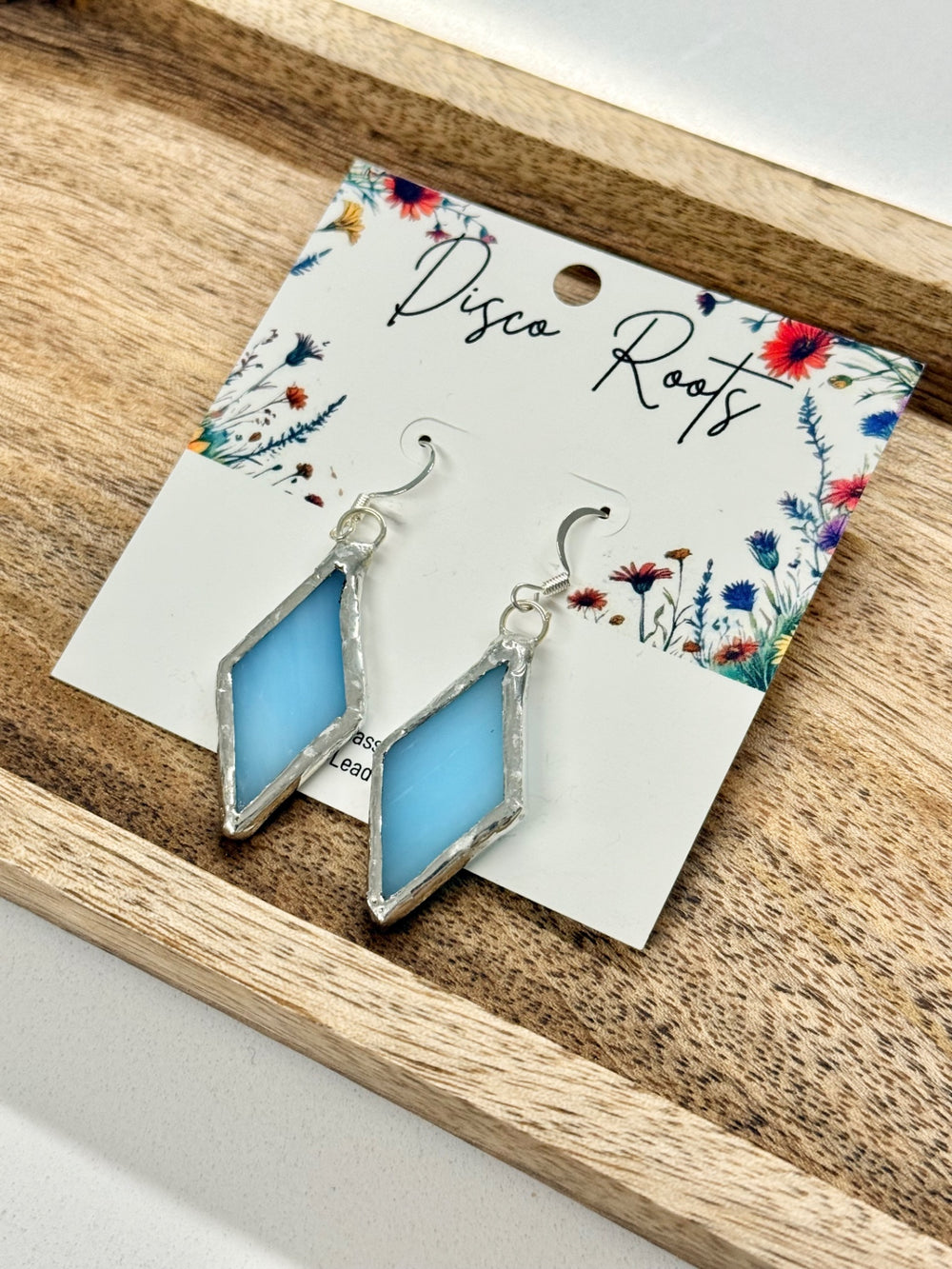 057 - Handmade Blue Stained Glass Diamond Dangle Earrings – Nickel Free