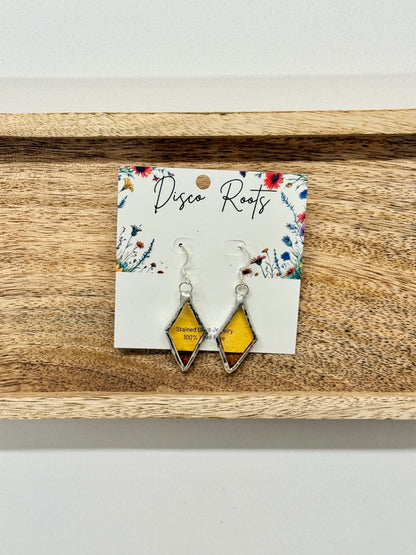 057 - Handmade Yellow Stained Glass Diamond Dangle Earrings – Nickel Free