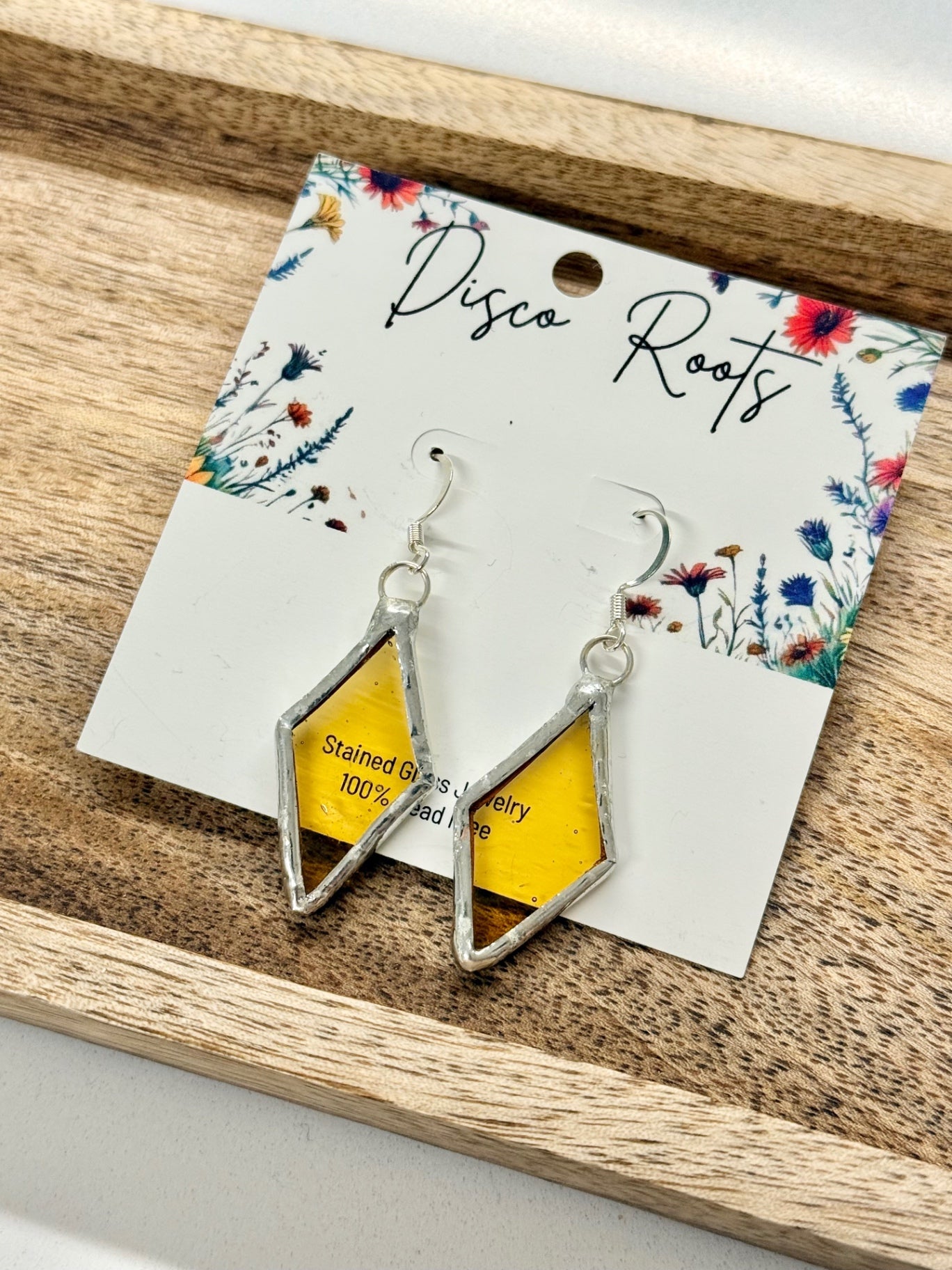 057 - Handmade Yellow Stained Glass Diamond Dangle Earrings – Nickel Free