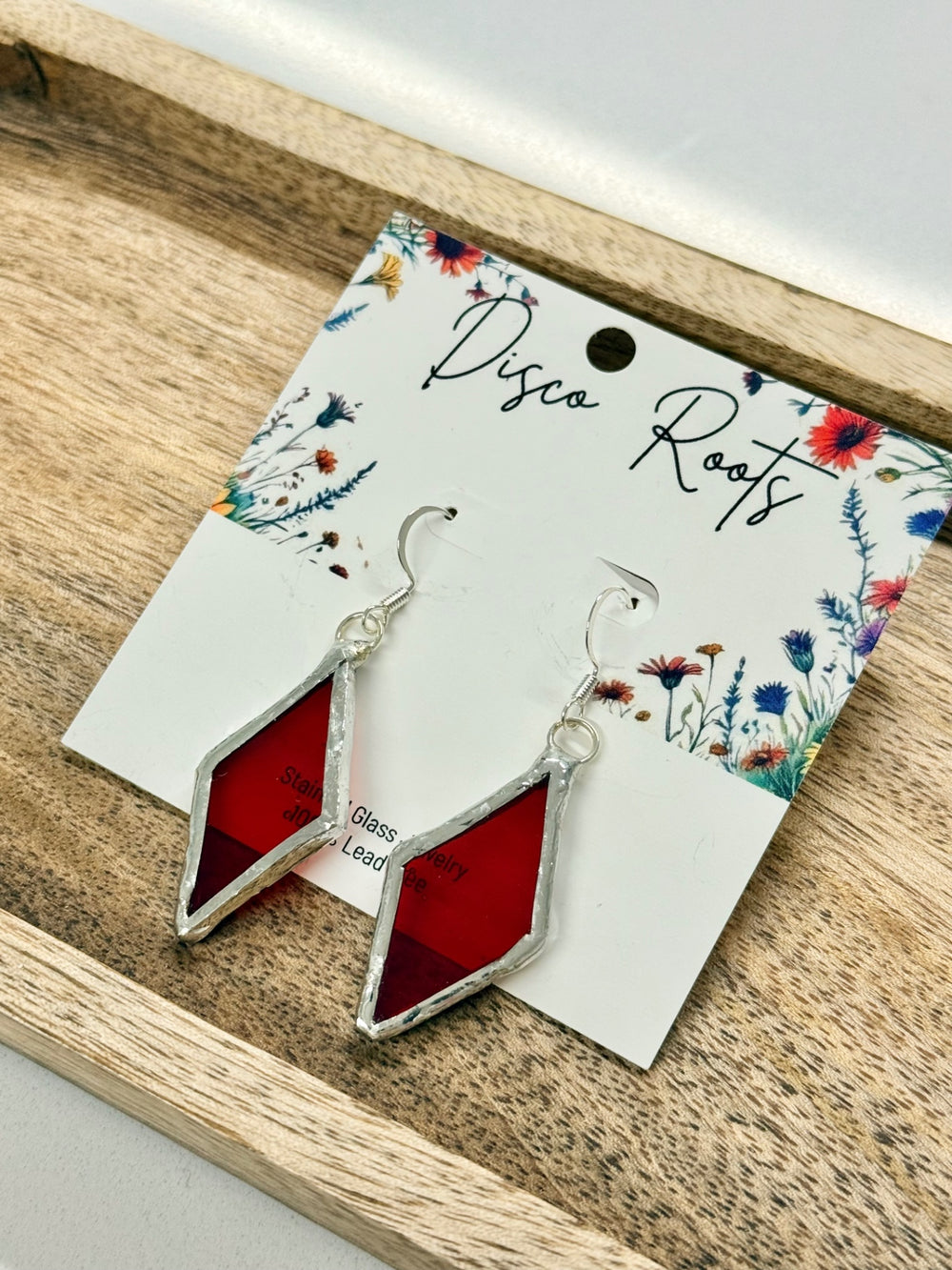 057 - Handmade Red Stained Glass Diamond Dangle Earrings – Nickel Free