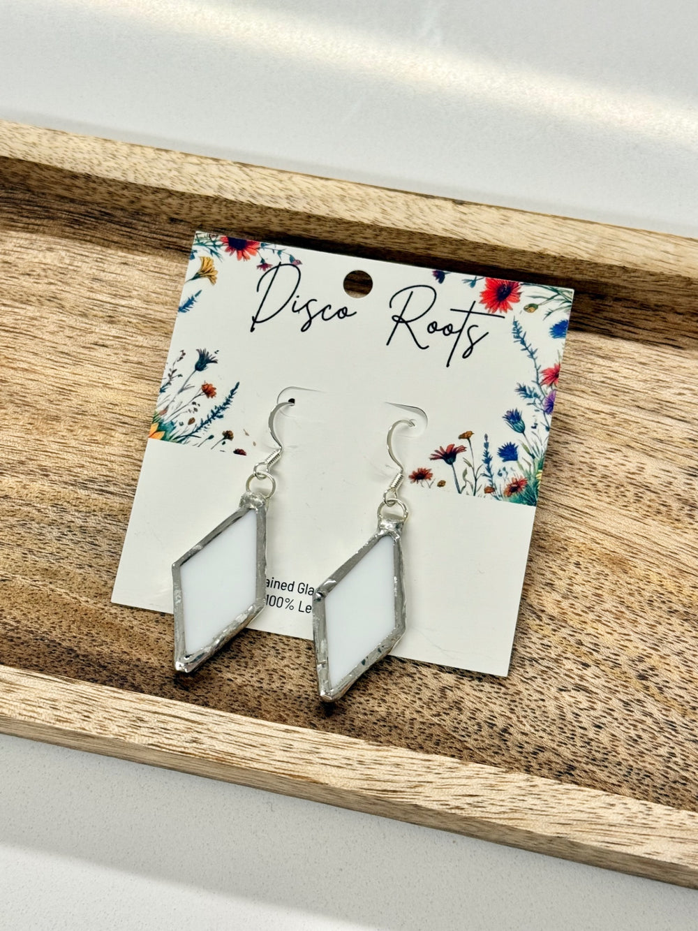 057 - Handmade White Stained Glass Diamond Dangle Earrings – Nickel Free