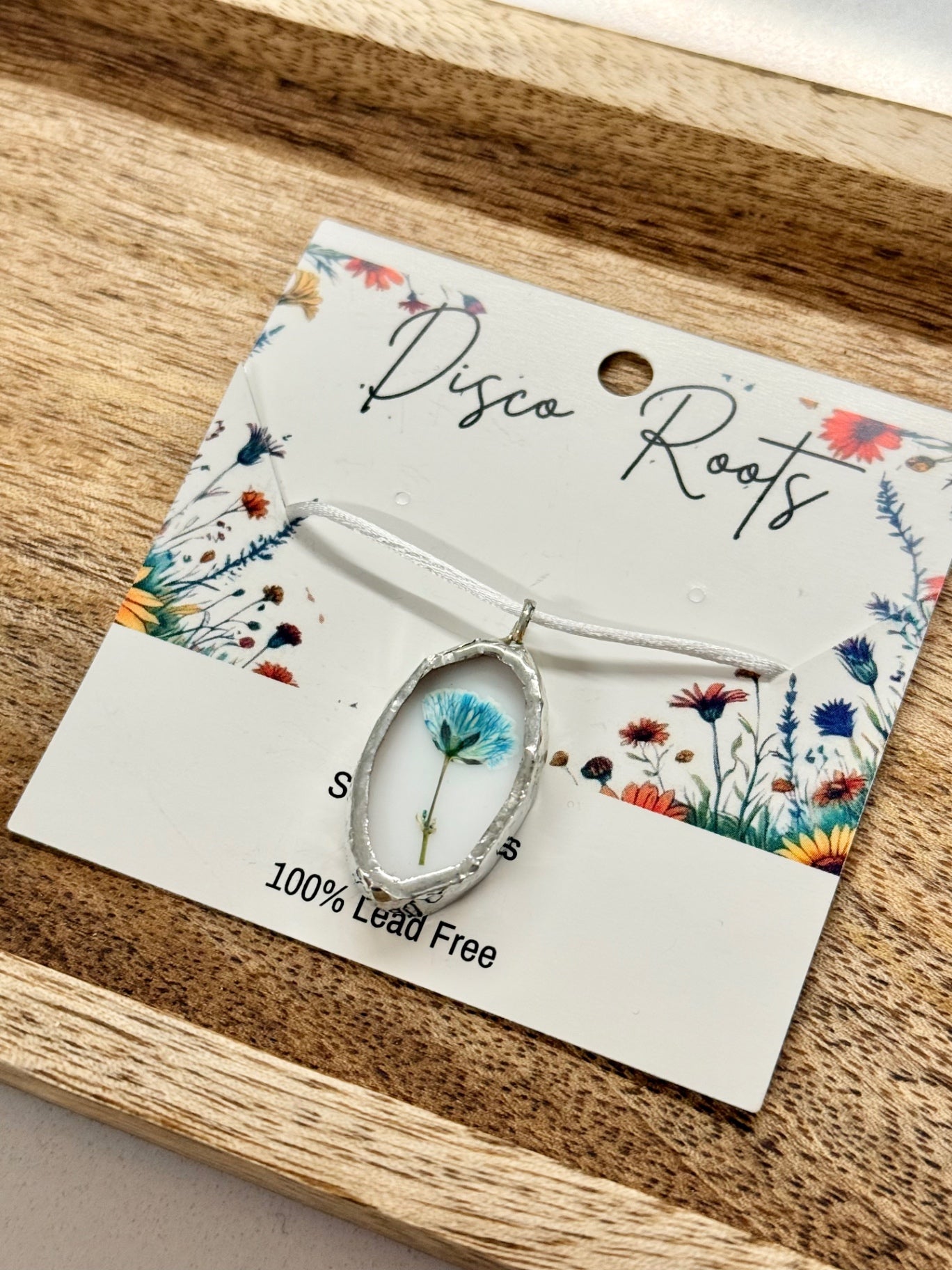057 - Handmade Oval Pressed Flower White Stained Glass Pendant